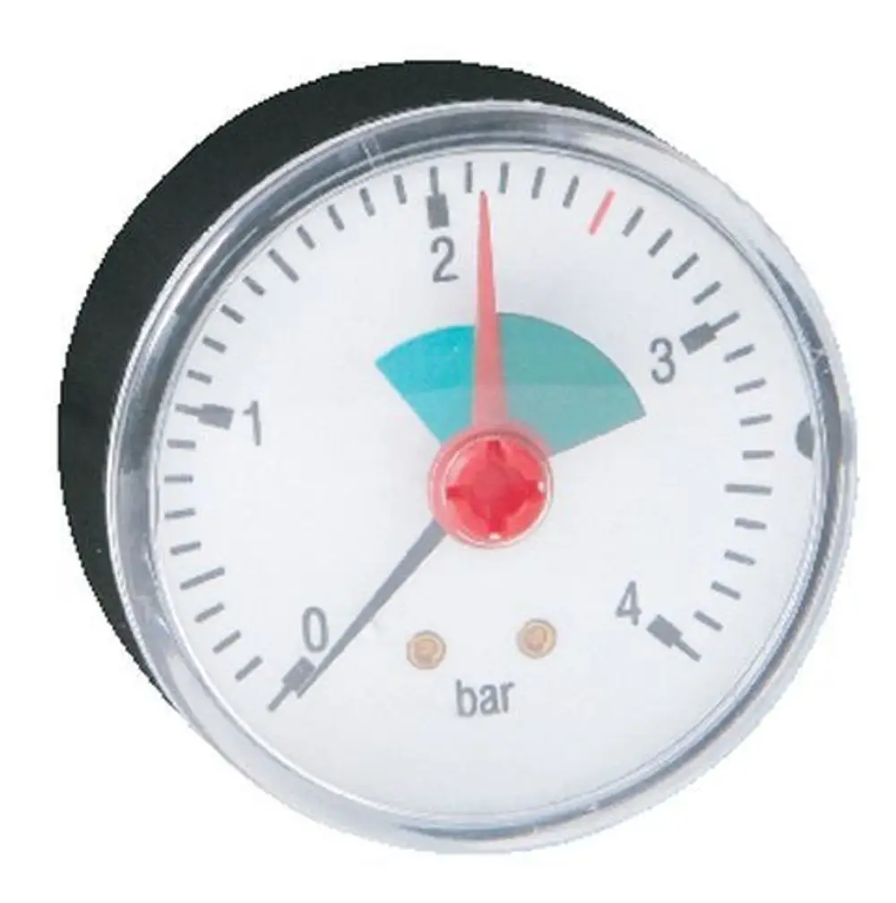 Manometer von Syr mit einer Skala von 0 bis 4 bar, zeigt den Druck an. Ziffern und Zeiger sind auf einem weißen Ziffernblatt gut lesbar.